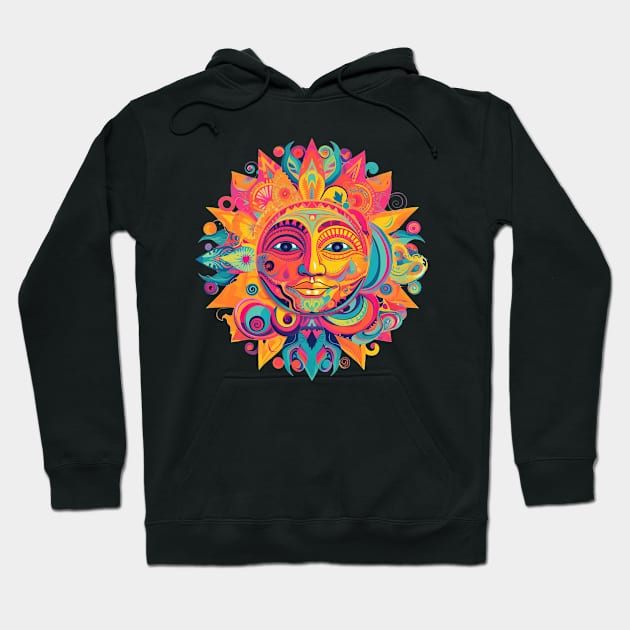 Psychedelic Sun with Smiling Face Colorful Art Hoodie by Trippinink